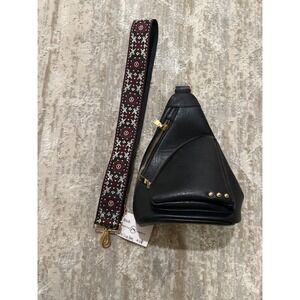 Pretty Simple Austin Sling Bag Black Vegan Leather Embroidered Guitar Strap NEW